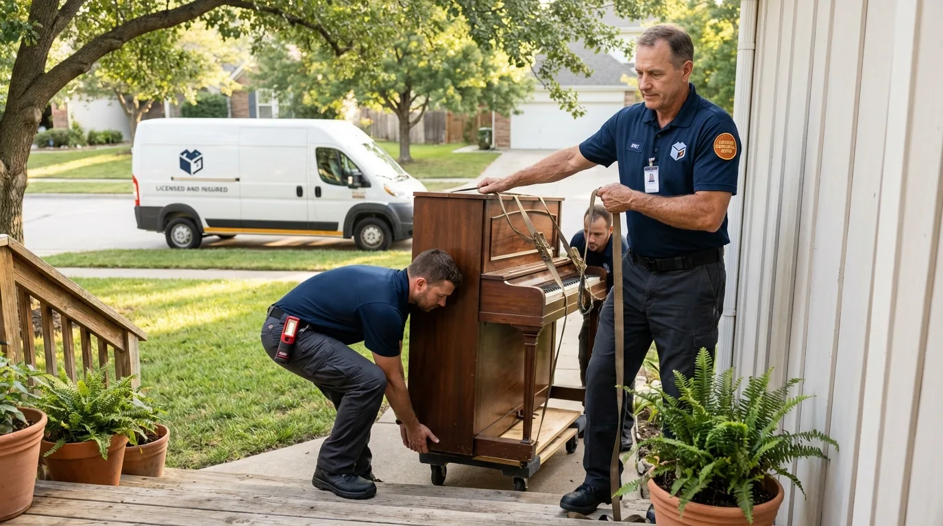 Licensed piano movers securing grand piano in Mansfield, PA