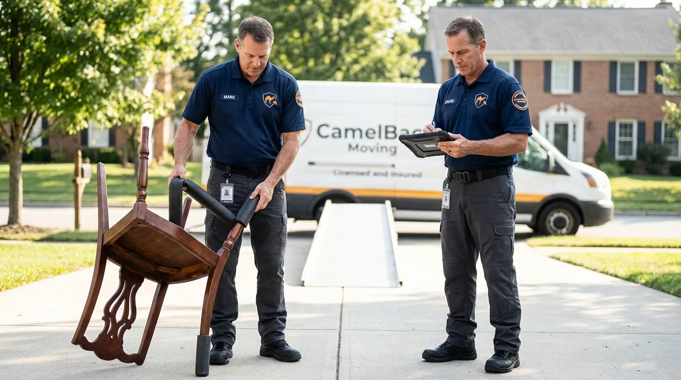 Movers inspecting furniture for damage prevention before loading in Mansfield, PA